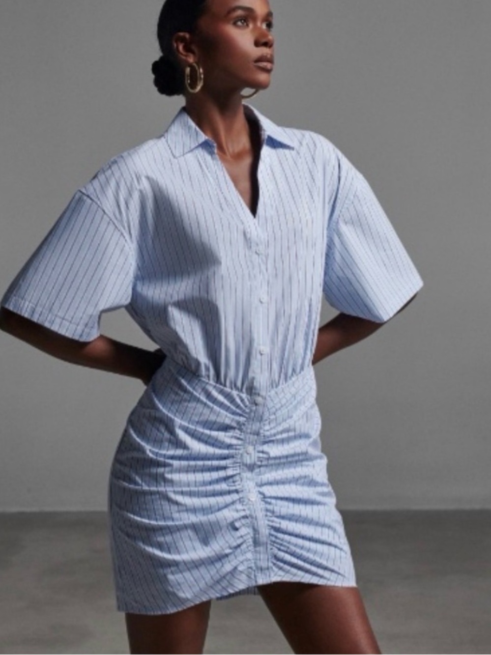 KBB NWT S BLUE Pinstripe 100% cotton SEXY Mini Shirt Dress with Ruched HIPS